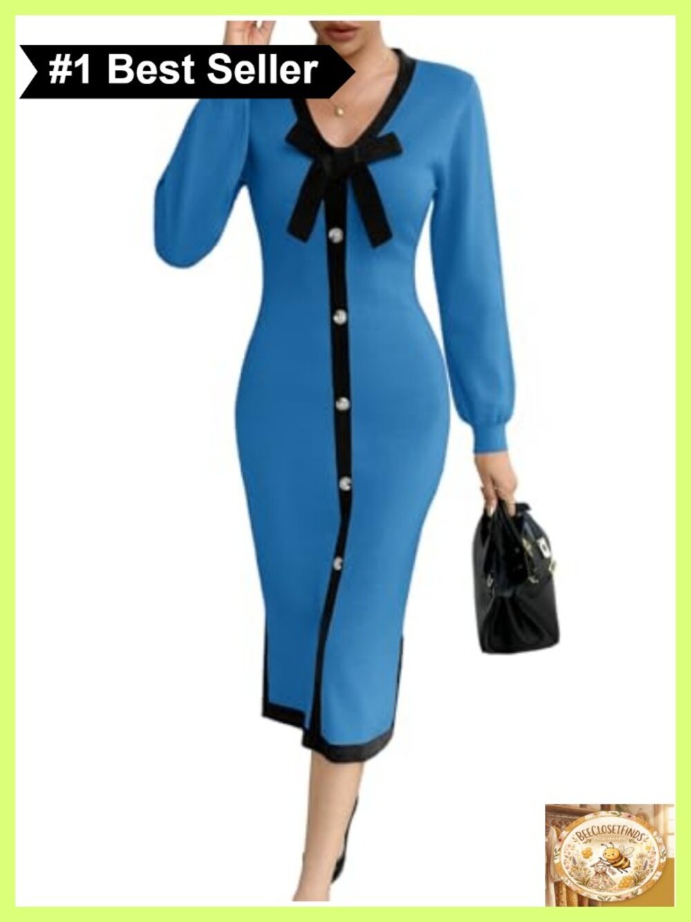 Wenrine Womens V Neck Sweater Dress Fall Bodycon Button Bow Midi